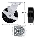 4 Pack Heavy Duty Plate Casters with Phenolic Wheels, 5 Inch Size and 4000 lbs Total Capacity, Featuring 2 Swivel Casters with Brakes and 2 Rigid Casters with Extra 2-Inch Width on Top Plate