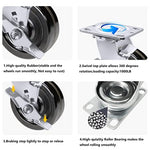 4 Pack Heavy Duty Plate Casters with Phenolic Wheels, 5 Inch Size and 4000 lbs Total Capacity, Featuring 2 Swivel Casters with Brakes and 2 Rigid Casters with Extra 2-Inch Width on Top Plate