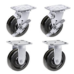 4 Pack Heavy Duty Plate Casters with Phenolic Wheels, 5 Inch Size and 4000 lbs Total Capacity, Featuring 2 Swivel Casters with Brakes and 2 Rigid Casters with Extra 2-Inch Width on Top Plate