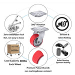 Industrial Polyurethane Caster Set - 4" x 2" Heavy Duty Casters with 3000 LB Load Capacity, Ideal for Furniture, Workbench, Tool Box - 2 Swivel & 2 Brake Casters Included