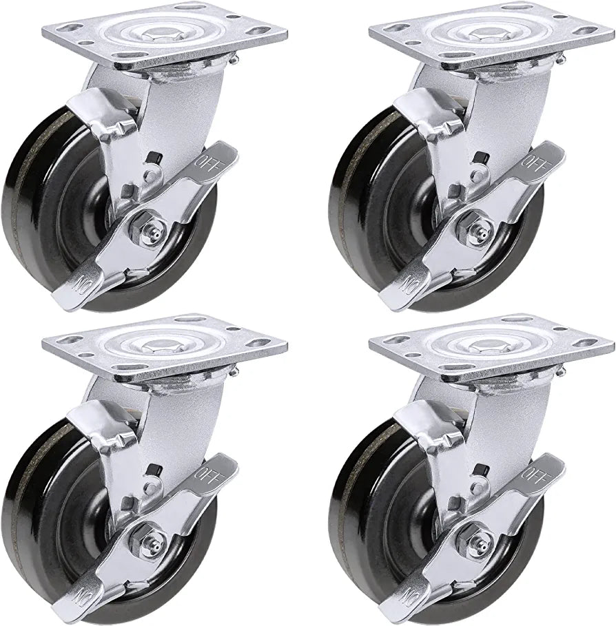 5-Inch Heavy Duty Plate Casters - 4 Pack with 4000 lbs Total Capacity, Phenolic Wheels, 2-Inch Width, 4 Swivel with Brake - Ideal for Industrial Use