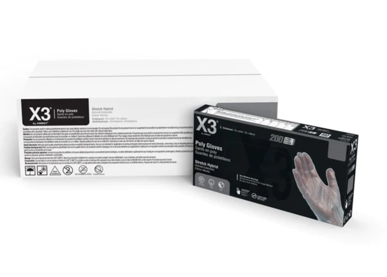 AMMEX X3 STRETCH HYBRID POLY, LATEX FREE, INDUSTRIAL DISPOSABLE GLOVES, CLEAR, 2000/CASE