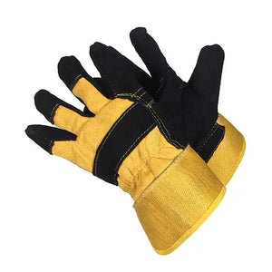 Black Leather Palm Gloves with Yellow Rubberized Safety Cuff, AB Grade, Gunn Pattern - Size Large