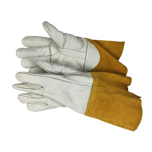 MIG Welding Gloves, Beige Cow Grain Palm & Back, 4" Rust Cow Split Leather Cuff, Kevlar Sewn, Unlined, Sizes M, L & XL