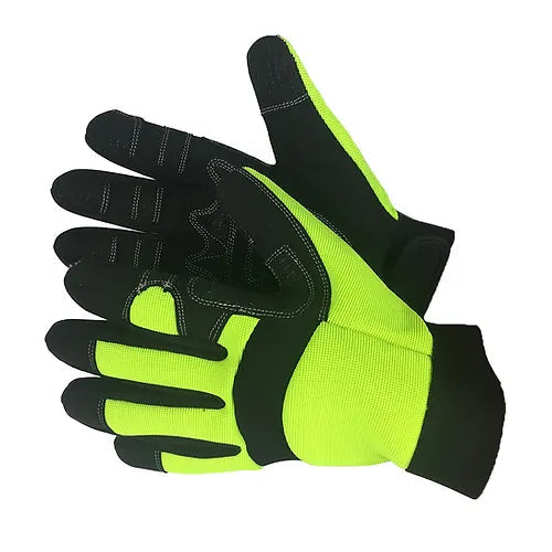 Hi-Viz Green Mechanic Gloves, Synthetic, Full Fingers, Sizes S-XL