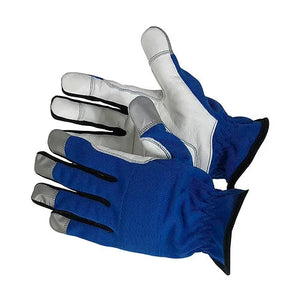 Mechanic Gloves, Natural Goat Leather Front with Reinforced Palm, Blue Foam-Lined Back, Reflector Finger Tips, Sizes S-XL