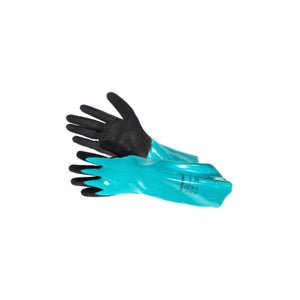 White Nylon Shell, with Green Nitrile Fully Dipped Chemical Resistant Gloves - 18 Gauge, Sandy Nitrile Coated Palm, Size: M-2XL