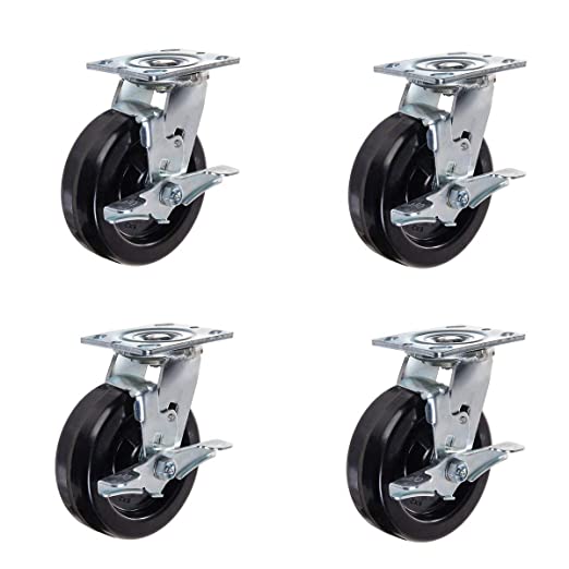 4-Pack Heavy-Duty Plate Casters with 6" Phenolic Wheels, 4000 lbs Total Capacity, Swivel with Brake and Extra 2-Inch Width on Top Plate