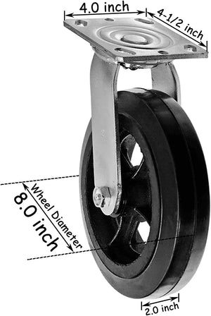 Medium Heavy Duty 8" 2 Pack Swivel Plate Caster with 1300 lbs Total Capacity - Rubber Mold on Steel Wheel, Top Plate Caster, Extra Width 2 Inches