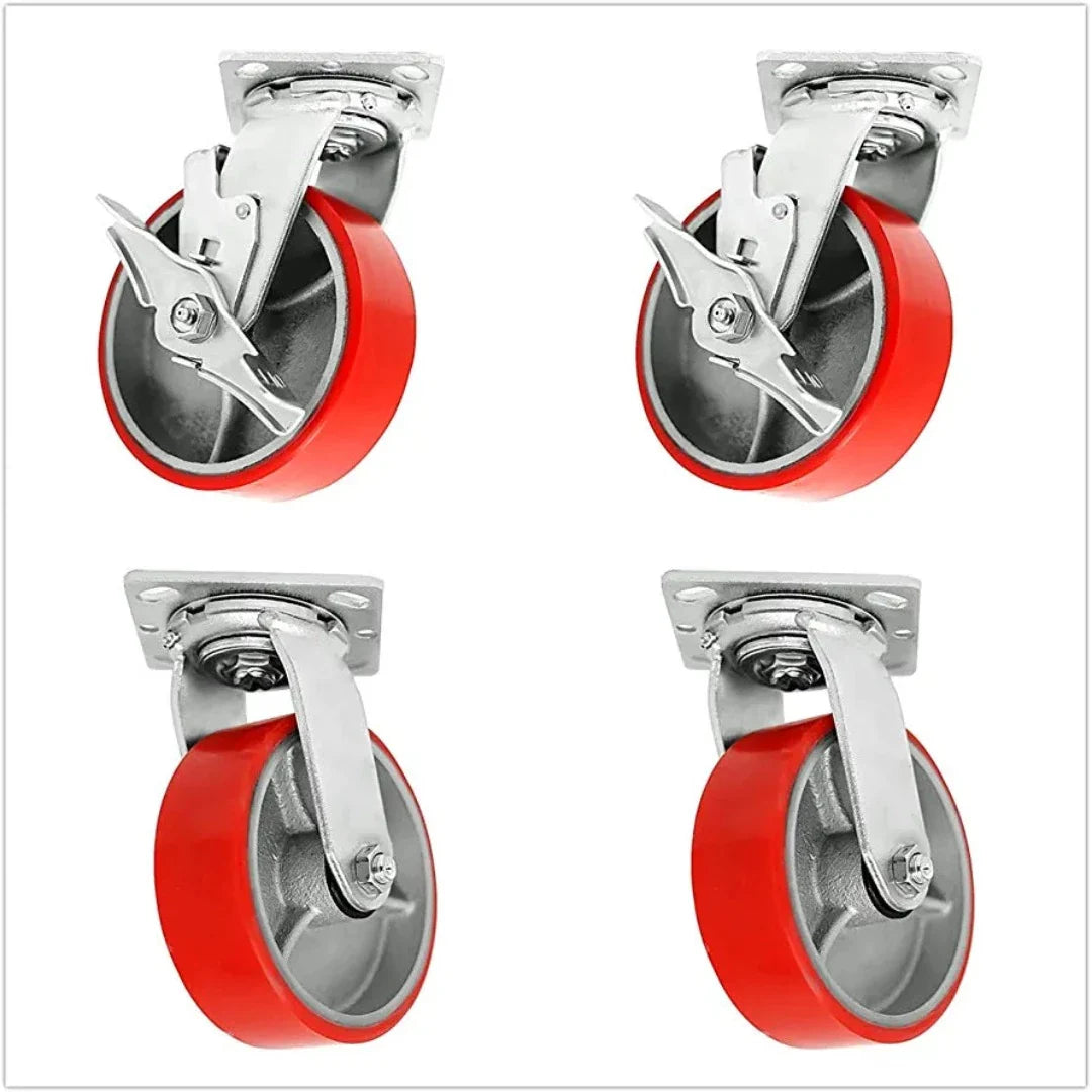 8" Heavy Duty Polyurethane Plate Casters (4-Pack, 5000 lbs Capacity, Red, 4 Swivel 2 w/Brake)