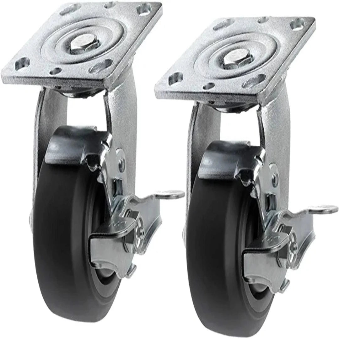 Heavy-Duty 4" Plate Casters - 2 Pack Gray Rubber Swivel Casters with Brakes, 700 lbs Total Capacity - Top Plate Mounting for Smooth Movement