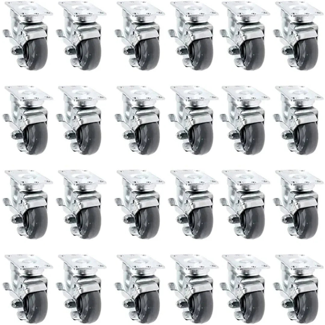 24-Pack Heavy-Duty Gray Polyurethane Plate Casters with 7200lbs Total Capacity - Swivel with Brakes - 3 Inch Wheel Diameter