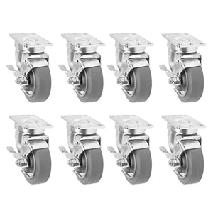 Pack of 8 Heavy Duty Plate Casters with 3.5" Thermoplastic Rubber Wheels and 2400 lbs Total Capacity - Swivel with Brakes