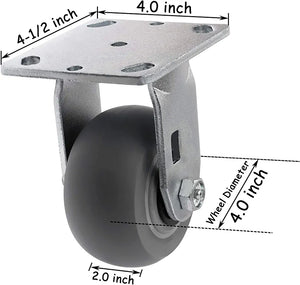 4" Heavy Duty Plate Casters - Pack of 4, 1400 lbs Total Capacity, 2 Swivel with Brakes & 2 Rigid, Crowned Thermoplastic Rubber Wheels, Top Plate Mounting