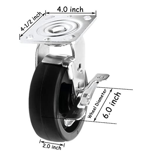 Heavy Duty Plate Caster Set - 6 inch 2-Pack Swivel Casters with Brakes and 2 inch Extra Width, Polyolefin Wheels for a Total Capacity of 1600 lbs.