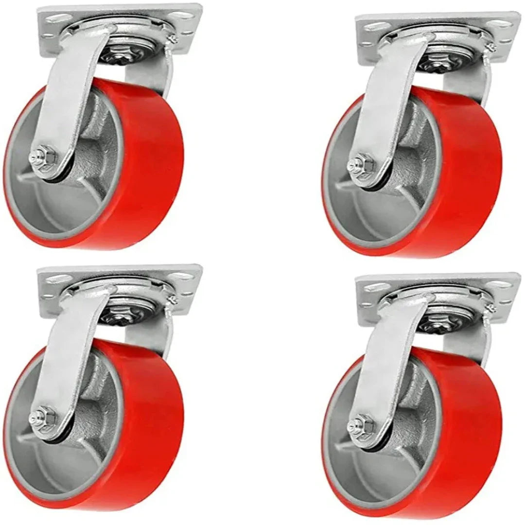 Heavy Duty 6" Polyurethane Plate Casters - 4 Pack with 4800lbs Total Capacity, 2" Extra Width, Red Swivel Wheels