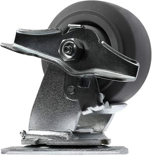 Heavy Duty 4" Rubber Plate Casters - Pack of 4, 2 Swivel with Brakes & 2 Rigid, 1400lbs Total Capacity, Thermoplastic Gray Caster Wheels