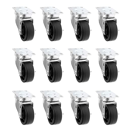 12-Pack 3-Inch Polyolefin Plate Casters with Black Rubber Tops, Swivel Design and Plain Plate, Total Capacity of 3960 lbs (12 Swivel Casters)