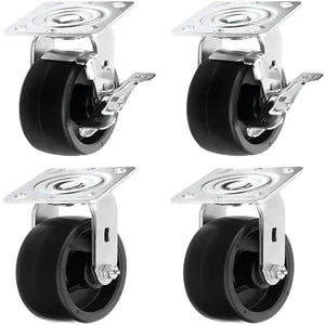 6" Heavy Duty Plate Casters - 4 Pack, 3200 lbs Total Capacity, Polyolefin Wheel, with 4 Swivel and 2w / Brake Functionality