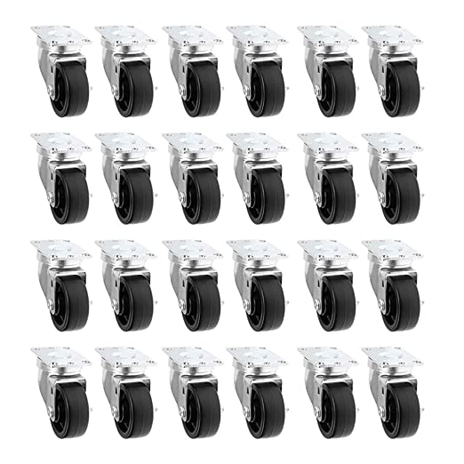 3" 24 Pack Plate Caster Polyolefin Black Rubber Top Plain Plate Swivel Caster, Top Plate Caster, 7920 lbs Total Capacity (3 inches Pack of 24, 24 Swivel)