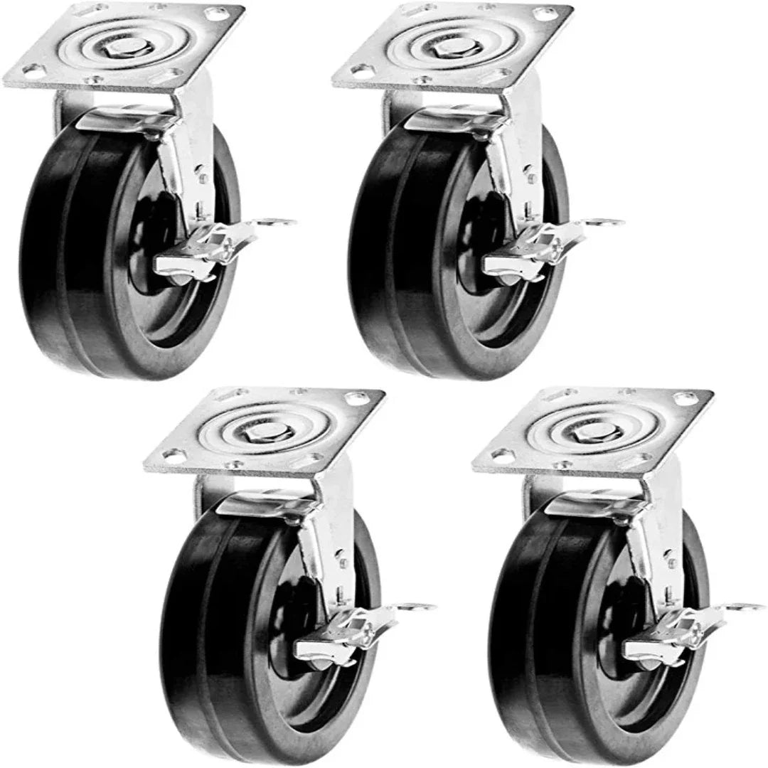 8" Heavy Duty Plate Caster Set with Phenolic Wheels and 6000 lbs Total Capacity (4-Pack, Swivel with Brake)