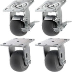 4" Heavy Duty Plate Casters - Pack of 4, 1400 lbs Total Capacity, 2 Swivel with Brakes & 2 Rigid, Crowned Thermoplastic Rubber Wheels, Top Plate Mounting