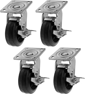5" Heavy Duty Swivel Plate Caster with Brake, Pack of 4, 2200 lbs Total Capacity, Rubber Mold on Steel Wheel, Top Plate Caster Extra Width 2 inches