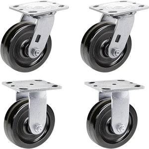 5" Heavy Duty Plate Caster Set (4 Pack) with Phenolic Wheels - 4000 lbs Total Capacity - 2 inches Extra Width, 2 Swivel & 2 Rigid Casters
