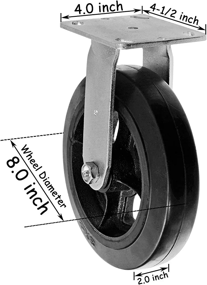 Medium Heavy Duty 8" Plate Caster - 2 Pack Rigid Rubber Mold on Steel Wheel Caster with Extra Width Top Plate and 1300 lbs Total Capacity