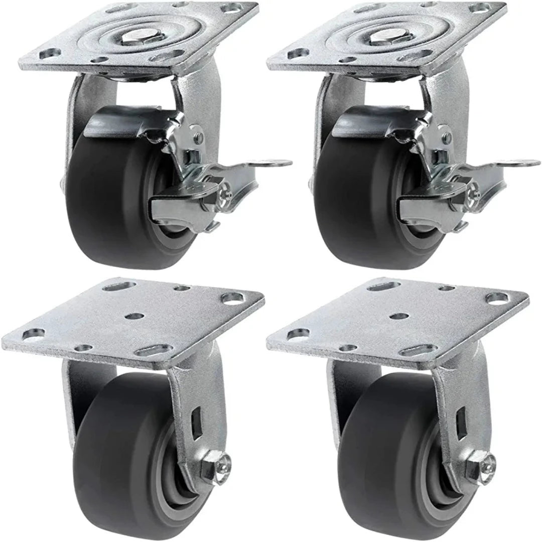 Heavy Duty 4" Rubber Plate Casters - Pack of 4, 2 Swivel with Brakes & 2 Rigid, 1400lbs Total Capacity, Thermoplastic Gray Caster Wheels