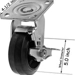 Heavy Duty 5" Plate Casters with 2" Width, 2200 lbs Total Capacity - Pack of 4 (2 Swivel with Brakes, 2 Rigid) - Rubber Mold on Steel Wheel - Top Plate Caster