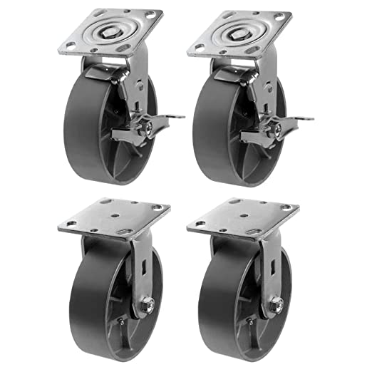 6-Inch Heavy Duty Plate Casters, 4-Pack with 4800 lbs Total Capacity - Steel Cast Iron Wheels, Extra 2-Inch Width Top Plate, Silver - Includes 2 Swivel Casters with Brakes and 2 Rigid Casters