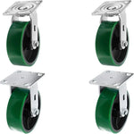 6" 4 Pack Plate Caster, Heavy Duty Polyurethane Mold on Steel Wheel w/Top Plate Caster Extra Width 2 inches 4800 lbs Total Capacity (6 inches Pack of 4, Green, 2 Swivel + 2 Rigid)