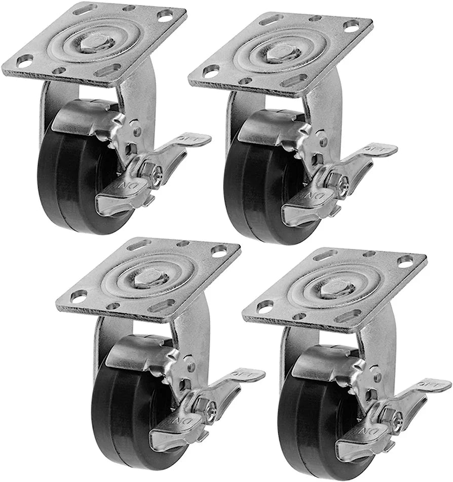 Set of 4 Medium Heavy Duty Swivel Plate Casters with Brakes - 4"x2" Rubber Mold on Steel Wheel - 1800 lbs Total Capacity (Pack of 4)
