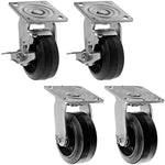 Medium Duty Plate Casters, 5" Rubber Wheels, Swivel with Brake, 4 Pack - 2200 lbs Capacity