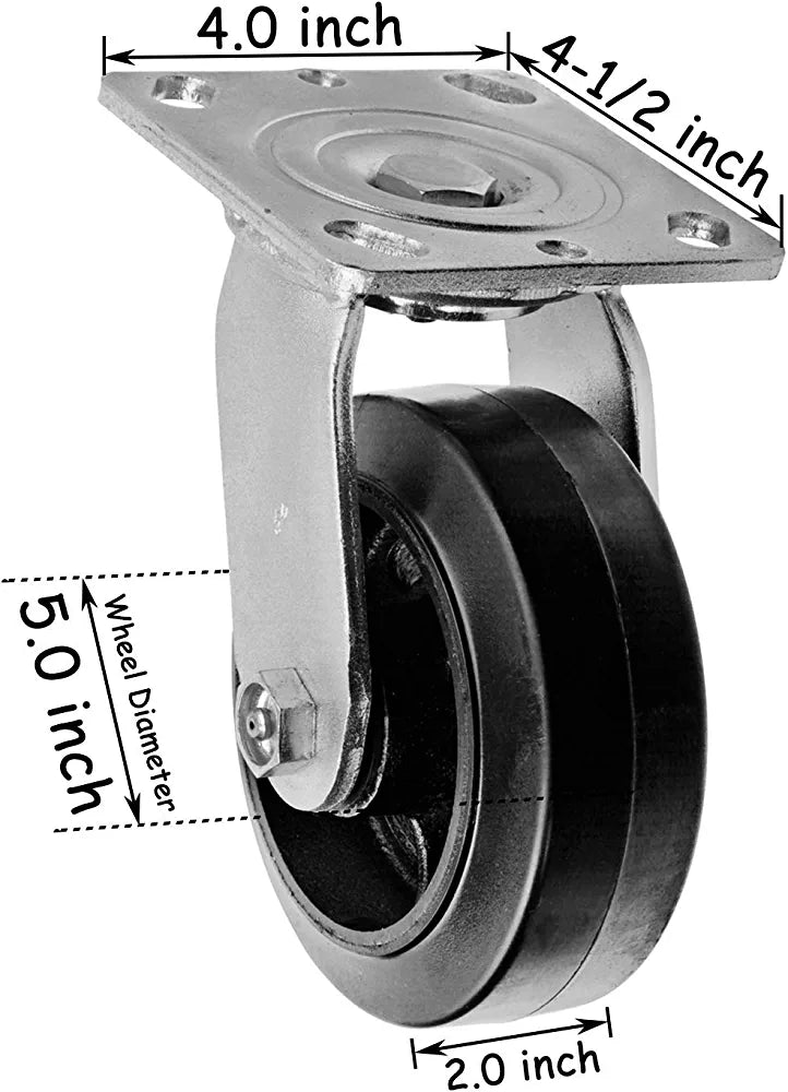 Heavy Duty 5" Swivel Plate Casters, 4 Pack with Rubber Molded Steel Wheels, Top Plate with 2-inch Extra Width and 2200 lbs Total Capacity