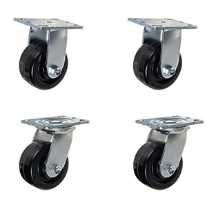 4" Heavy Duty Plate Caster, Pack of 4 with Phenolic Wheels and 2" Extra Width Top Plate - 3600 lbs Total Capacity - 2 Swivel & 2 Rigid Casters Included