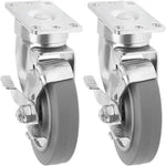 2 Pack Heavy Duty 3.5" Plate Casters with Swivel and Brake - 600 lbs Total Capacity - Thermoplastic Rubber - Gray