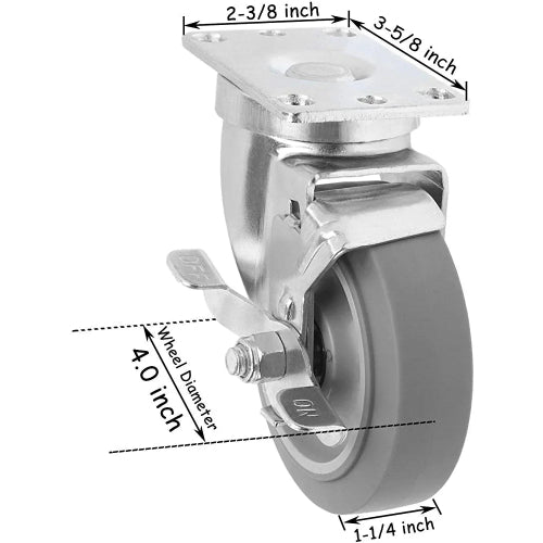 720 lbs Capacity 4" 2-Pack Heavy Duty Thermoplastic Swivel Plate Casters with Brake