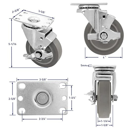 4" 4 Pack Plate Caster, Thermoplastic Light Heavy Duty Rubber Gray Swivel Caster, Top Plate Casters, 1440 lbs Total Capacity (4 inches Pack of 4, Swivel w/Brake)