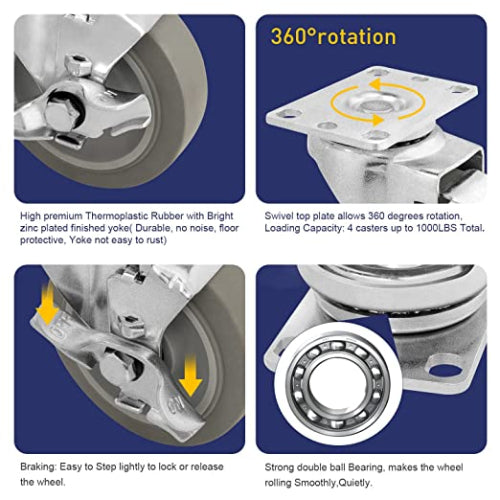 4" 4 Pack Plate Caster, Thermoplastic Light Heavy Duty Rubber Gray Swivel Caster, Top Plate Casters, 1440 lbs Total Capacity (4 inches Pack of 4, Swivel w/Brake)