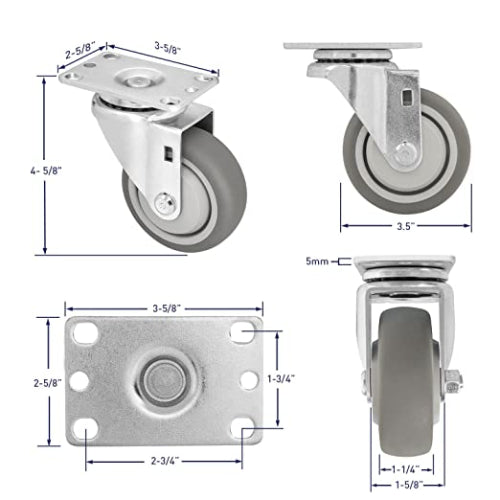 3.5" 4-Pack Heavy Duty Thermoplastic Rubber Swivel Plate Casters - 1200 lbs Total Capacity