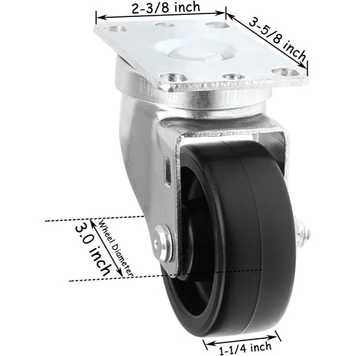 Heavy Duty 3" Swivel Caster with Polyolefin Black Rubber Top Plate - 660 lbs Total Capacity (Pack of 2)