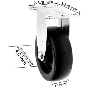 Heavy-Duty 4" Polyolefin Black Rubber Top Plate Casters - 1400 lbs Total Capacity (Pack of 4, Rigid)