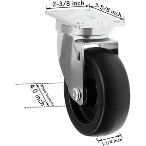 4" Swivel Caster with 700 lbs Total Capacity - Pack of 2, Polyolefin Black Rubber Top Plain Plate for Smooth Movement