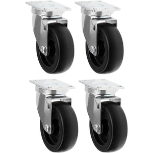 4" Swivel Caster Set - 1400 lbs Total Capacity - Polyolefin Black Rubber Top Plate - Pack of 4