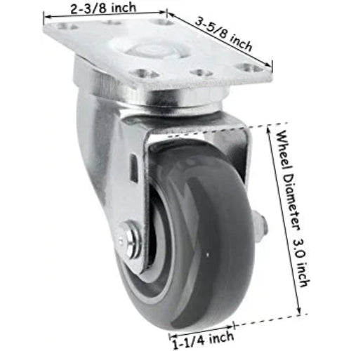 Set of 4 Swivel Casters with 3" Gray Polyurethane Wheels - Total Capacity of 1200 lbs - Top Plate Mounting