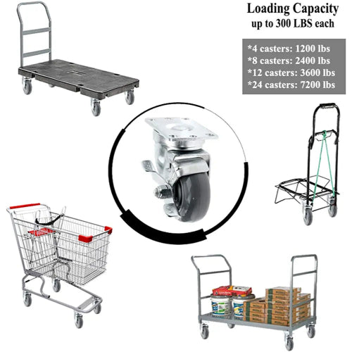 Industrial Grade 3" Caster Set - 4 Pack - 1200 lbs Capacity - Swivel with Brake - Polyurethane Wheel - Top Plate Mount
