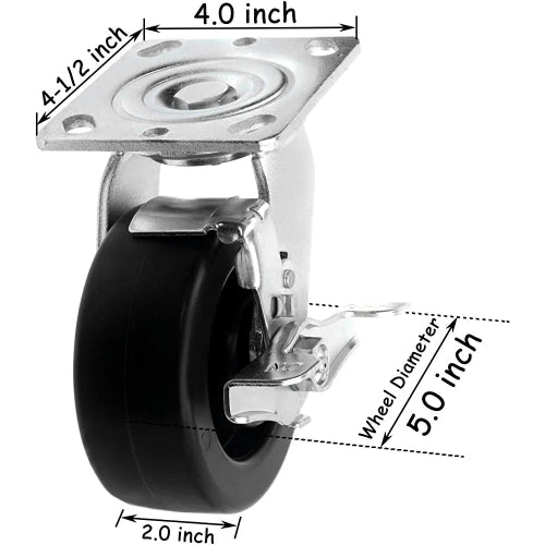 Heavy Duty 5" Plate Caster with Brake, Swivel and Polyolefin Wheel - 2 Pack, 1400 lbs Total Capacity (Extra Wide 2 inch Top Plate)