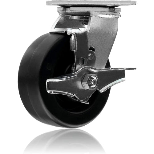 Heavy Duty 5" Plate Caster with Brake, Swivel and Polyolefin Wheel - 2 Pack, 1400 lbs Total Capacity (Extra Wide 2 inch Top Plate)